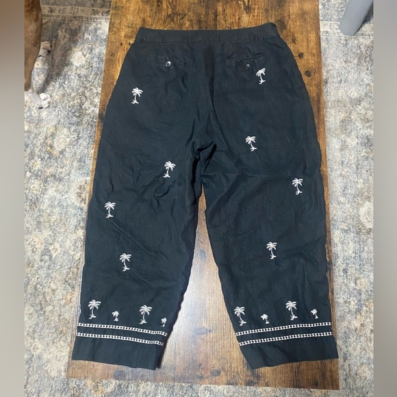 Paraphrase Linen Crop Ankle Pants Embroidered Palm Trees Black Size 14 - Picture 3 of 7
